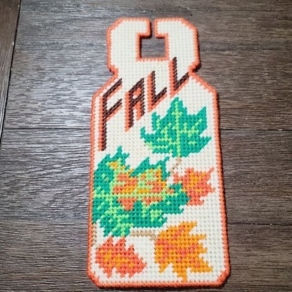 Vintage MCM Needlepoint Fall Leaves Plastic Door Hanger Orange Brown Retro